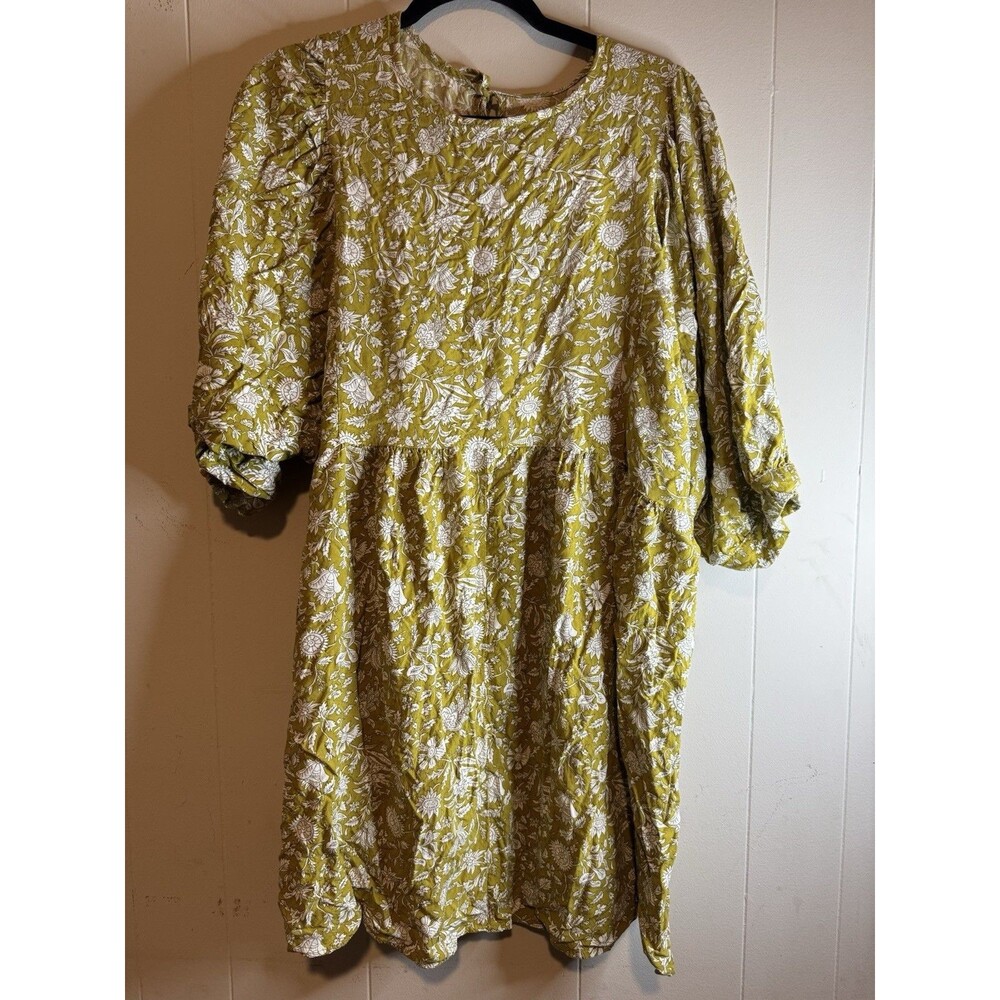 Yellow White Floral A-Line Short Dress 3/4 Sleeve Crew Neck Button Closure - Picture 1 of 3